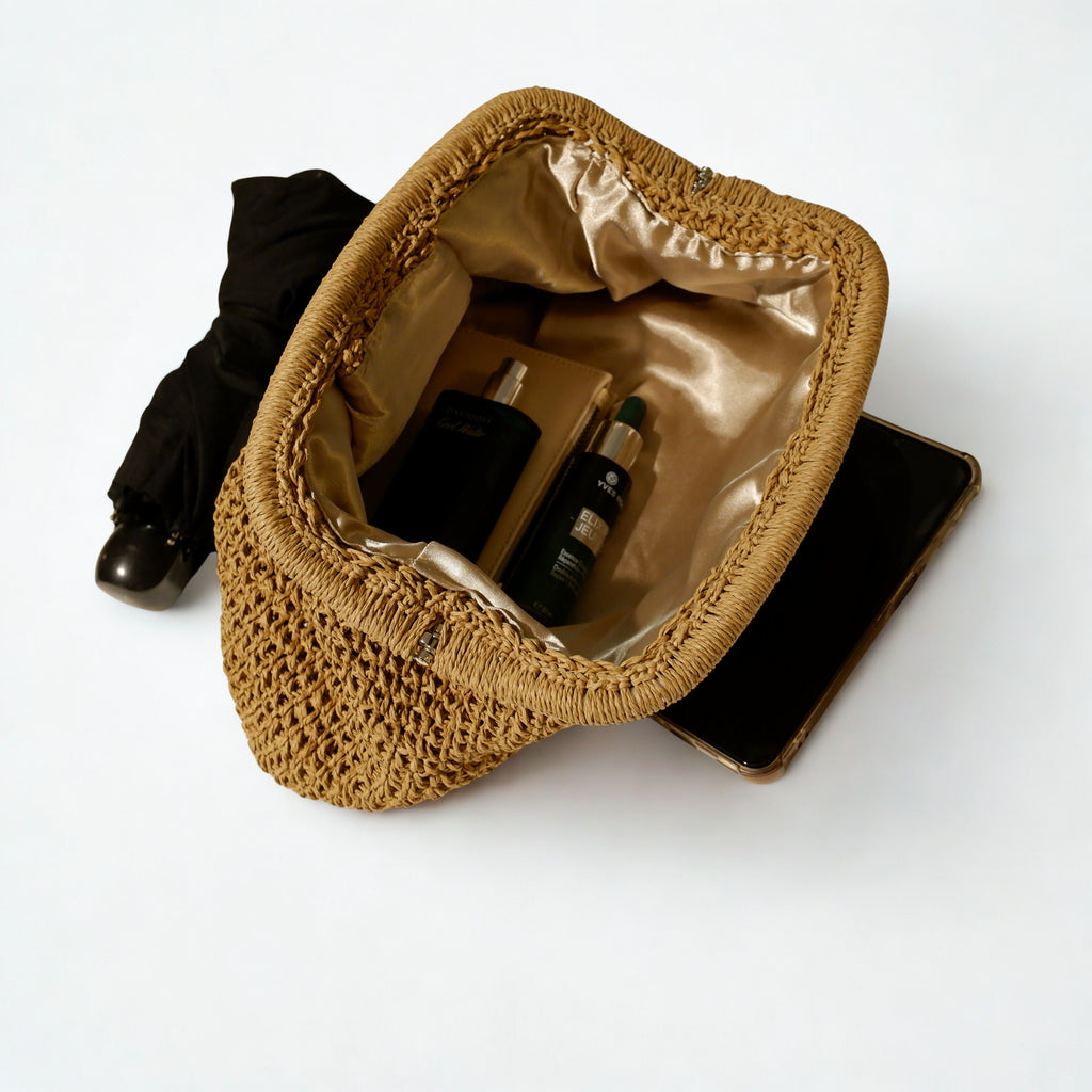 El Örgüsü Hasır Görünümlü Kadın Clutch Çanta – Doğal Renk