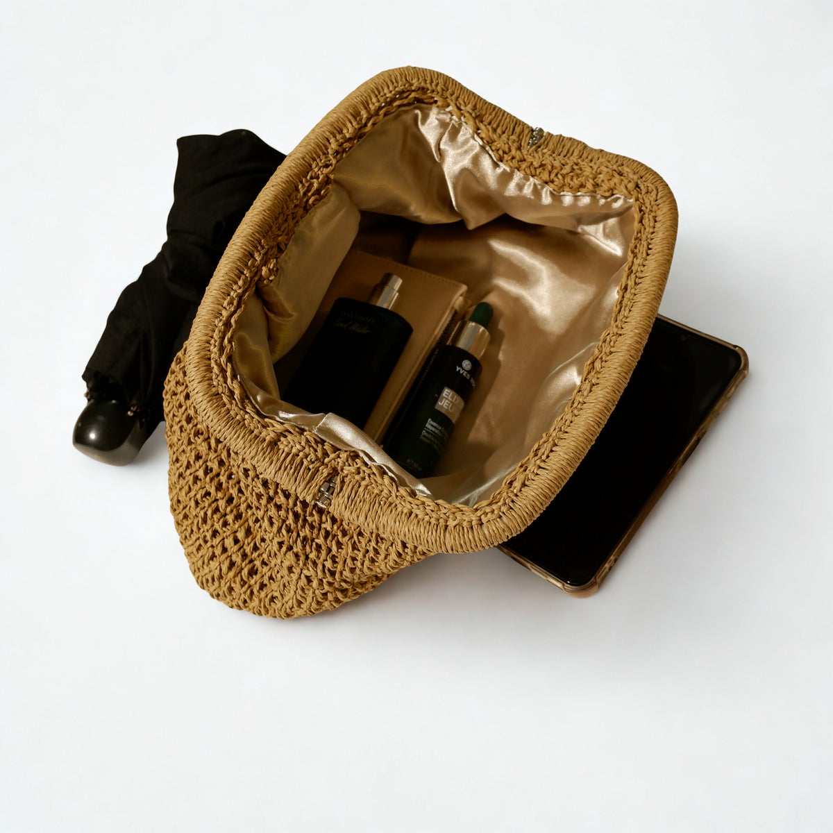 El Örgüsü Hasır Görünümlü Kadın Clutch Çanta – Doğal Renk